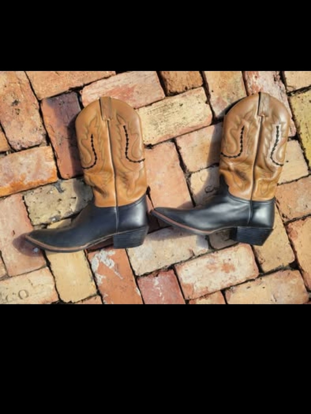 JUSTIN Two-Tone Western Cowboy Boots - Black Foot / Tan Shaft Leather Sz 8.5